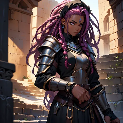 ​masterpiece, Best Quality, detailed, person upper body, Cinematics, 1, 4k, Background with: medieval dungeon stairs, Black Hun mercenary wearing fancy armor, woman with very dark skin (pink dreads hair)