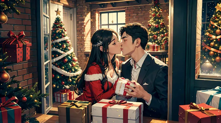 a man and a woman kissing in a window , with a Christmas tree and presents in the background.