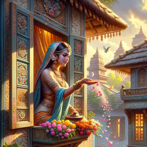 a painting of a woman holding a flower in her hand, detailed painting 4 k, beautiful digital artwork, hindu aesthetic, 4k highly detailed digital art, beautiful depiction, beautiful art uhd 4 k, indian goddess of wealth, a beautiful artwork illustration, p...