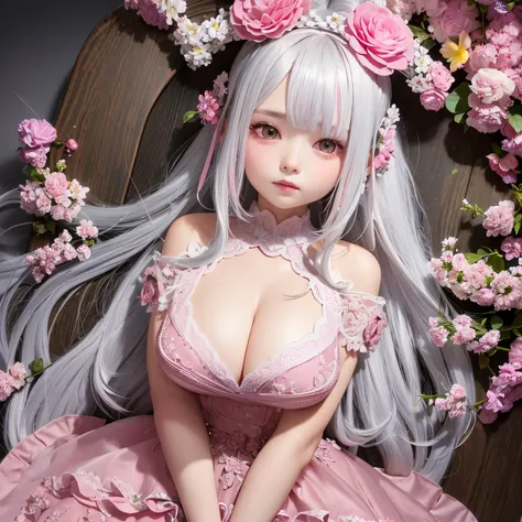 The upper part of the body、one girls、i have silver hair color、Two-tone、(highlight pink)Bun hair、Curly hair、silver and pink hair color、floral headband、very Bigger breasts、gorgeous floral lace dress