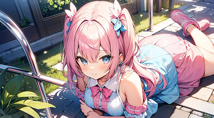 Pink hair,Twin-tailed,girl with,Light blue and pink dress