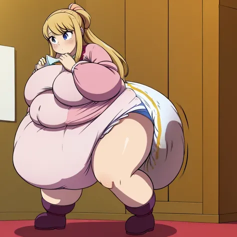 Anime woman Enormous bloated expanding diaper mess, huge bloated pregnant belly, huge overflowing breast, eating