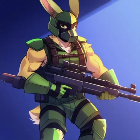 solo, male, rabbit, yellow colored fur, lean body, anthropomorphic rabbit, Russian masks helmet, minigun, green Kevlar vest, green armor pads