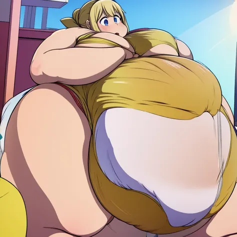 Anime woman Enormous bloated expanding diaper mess, huge bloated pregnant belly, huge overflowing breast, moaning pleasure, butt first