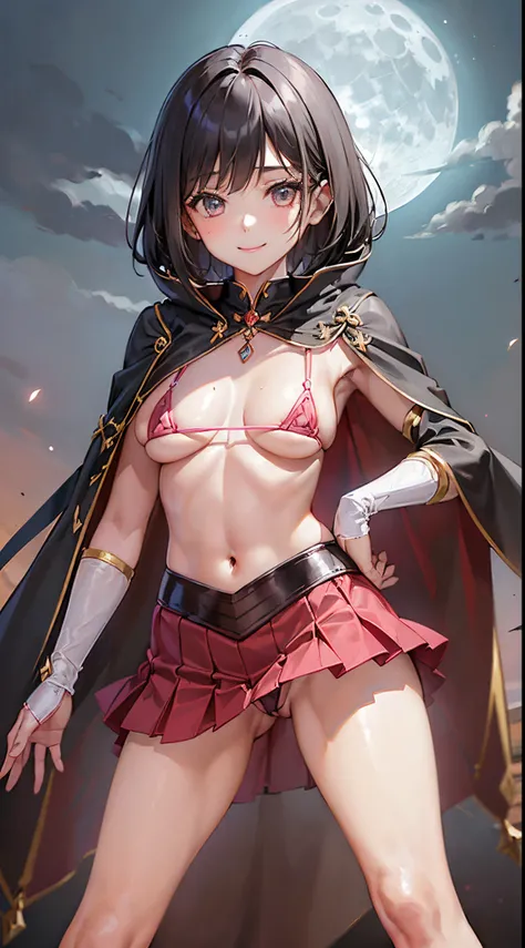 One lady,12year old,(() ,((())), (()), (())((Im opening my mouth)),((micro skirt, micro bikini and short cloak))(A smile),,(A dark-haired,),((Fantasy,Moon Night))((Clothes are torn))