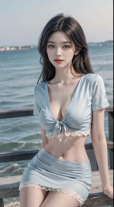 Special clothes44,lace trim,midriff,shirt,miniskirt, fashi-girl. red lips, mature female, makeup, ((Random shooting angles)), (best quality, masterpiece:1.2), ultra-detailed, (realistic:1.37), beautiful, youthful, glamorous model with (detailed eyes, detai...