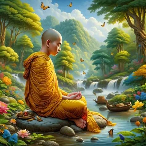 a painting of a monk sitting on a rock in a forest, buddhist monk meditating, monk meditate, buddhist monk, buddhism, buddhist, ...