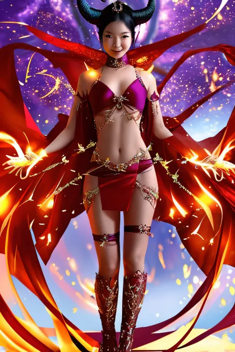 Lady demon sorcerer, Asian about 40, her features are exquisitely beautiful. She has red glowing eyes, she has two little red glowing horns on her forehead, she has her mouth open laughing and it  full of sharp teeth, She has medium breast that are very fl...