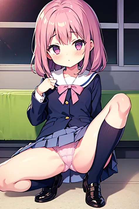 1 loli girl,12 years old, spread legs, primary school uniform, child panties, undressed, pink ribbon,