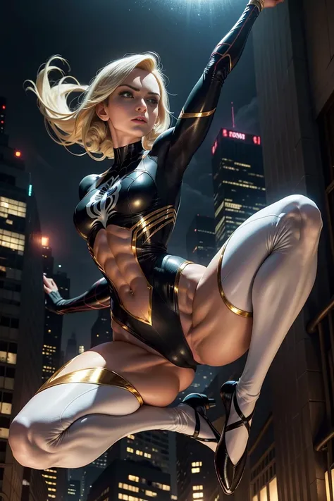 mulher: Homem-Aranha: Gwen，terno branco，Black spider symbol，ballet shoes，golden ratio body, Flexible Body，calm expression，new york city at night，Belos gestos，heroism，majestic-looking，Abs