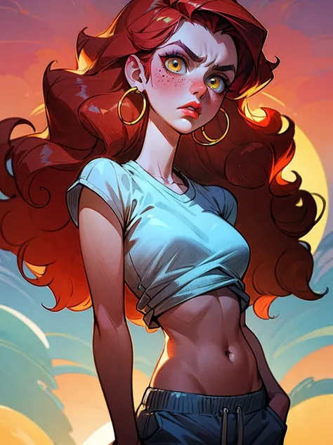 The girl  fat, curly long hair, redhead hair, freckles on her face, pouty lips, Yellow eyes, Bright make-up,  white top, open belly, Sundown,  serious face, Hoop earrings, white sweatpants, Very long hair, red-lips