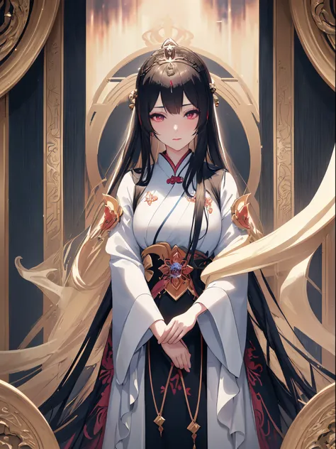 Close-up of a woman in a dress standing in front of a mirror, Yang Jie’s animations, Pixiv Contest Winner, Fantasyart, Anime girl wearing black dress, Cute anime waifu wearing beautiful clothes, 宮 ， A girl in Hanfu, in the art style of bowater, Detailed cl...