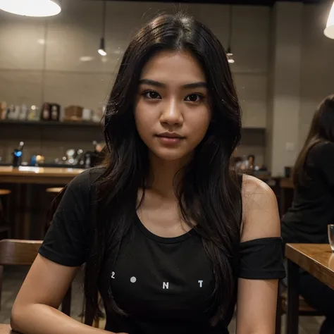 A photo of a 20-year-old Indonesian girl, unfiltered, showcasing her beauty with extra-black, wavy long hair. The detailed face portrait at 1.2 accentuates intricate facial features and detailed, bright skin. She wears a black T-shirt, sitting in a cafe en...