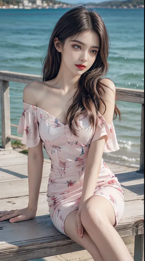 print dress, off shoulder,  fashi-girl. red lips, mature female, makeup, ((random shooting angles)), (best quality, masterpiece:...