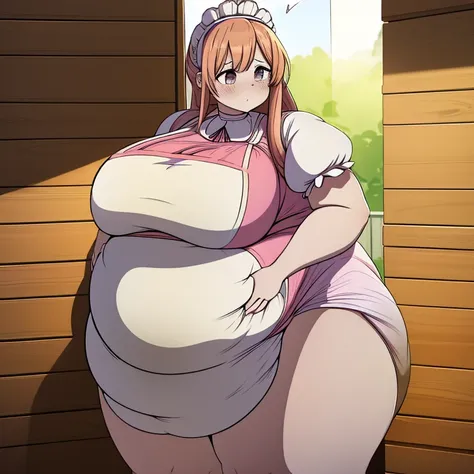 Anime woman Enormous bloated expanding diaper mess, huge bloated pregnant belly, huge overflowing breast, maid