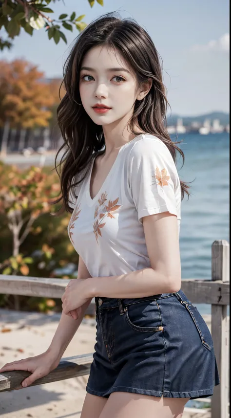 blue skirt, shirt,  fashi-girl. red lips, mature female, makeup, ((Random shooting angles)), (best quality, masterpiece:1.2), ultra-detailed, (realistic:1.37), beautiful, youthful, glamorous model with (detailed eyes, detailed lips, extremely detailed eyes...