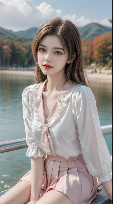 pleated skirt,pink skirt,pink sailor collar,,  fashi-girl. red lips, mature female, makeup, ((Random shooting angles)), (best quality, masterpiece:1.2), ultra-detailed, (realistic:1.37), beautiful, youthful, glamorous model with (detailed eyes, detailed li...