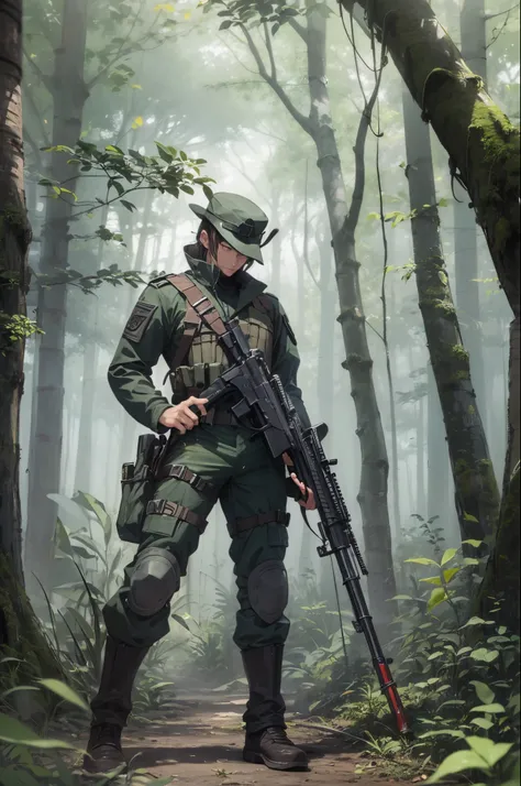 a dark soldier holding a giant rifle hiding in the forest --auto --s2