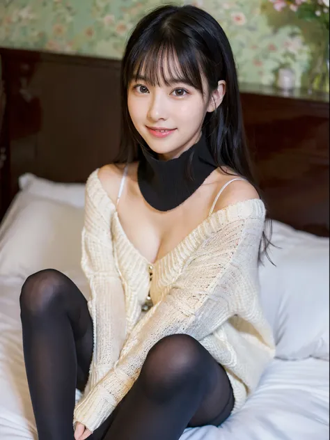 ulzzang -6500-v1.1, (Raw photo:1.2), (Photorealsitic), a beautiful detailed girl, (Real: 1.4), extremely detailed eye and face, beatiful detailed eyes, ((midwinter sweater、Super realistic black tights、sit on the bed in your room、Sitting))、game_nffsw, huge ...