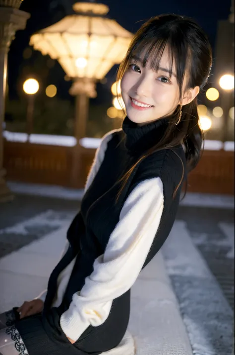 ulzzang -6500-v1.1, (Raw photo:1.2), (Photorealsitic), a beautiful detailed girl, (Real: 1.4), extremely detailed eye and face, ((eyed winter sweater、Super realistic black tights))、((Illumination plaza at night)), selfee, instagram、game_nffsw, huge filesiz...