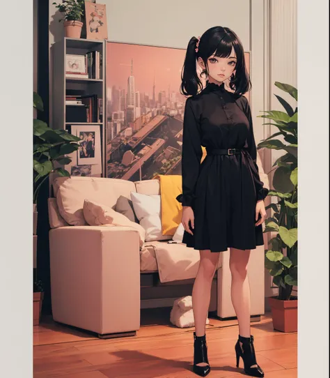 (masterpiece, best quality), beautiful woman, 23 years, soft light, black sexy cocktail dress, cleveage, long hair, long twintails, hairbows, black hair, alluring, big georgeous eyes, soft smile, perfect slim fit body, black heels, realistic background, el...