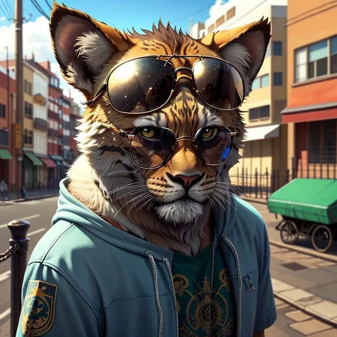 un leon gatito, que sea tierno, lleve gafas de sol y gargantilla, con un chaleco de cuero, en una ciudad vacia, tendencia artisticas y que este tatuado y fuerte