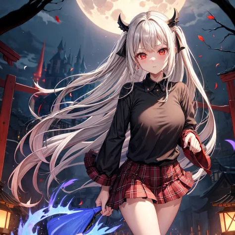 Black blonde、red eyes、one good looking girl、独奏、animesque、lightly dressed、Plaid miniskirt、burning blue petals、wetting hair、poneyTail、Black T-shirt、large tree、云、fullmoon、railroad crossing、monster castle、lantern、Gates of Hell、Gatekeeper