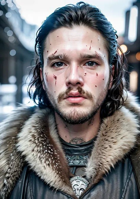 kinoplakat von jon snow mit einem schwert, accompanied by a white wolf, im schnee. (hdr: 1.4), (filmische beleuchtung: 1.4), mei...