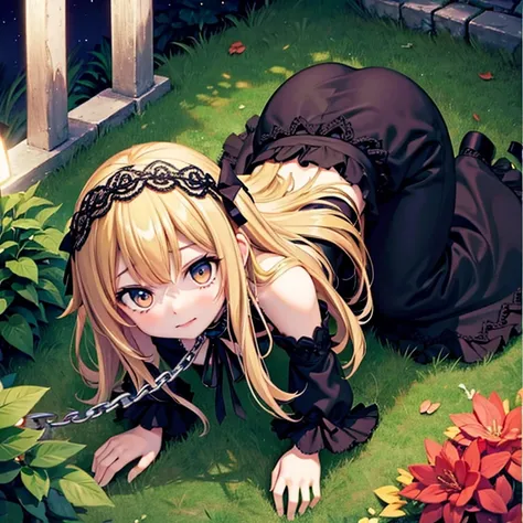 beautiful long blonde　beautiful girl with shy blue island　small tit　gothic lolita　gargantilha　chain leash　all-fours　garden at ni...