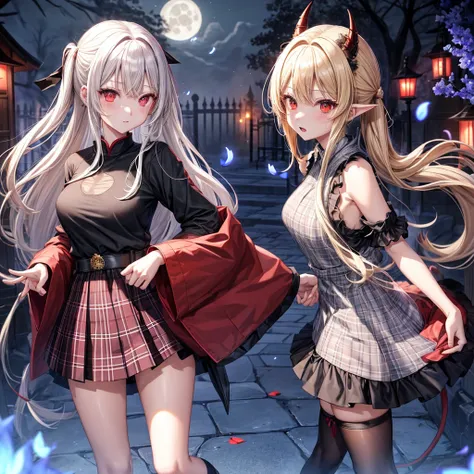 Black blonde、red eyes、one good looking girl、独奏、animesque、lightly dressed、Plaid miniskirt、burning blue petals、wetting hair、poneyTail、Black T-shirt、large tree、云、fullmoon、monster castle、lantern、Gates of Hell、Gatekeeper