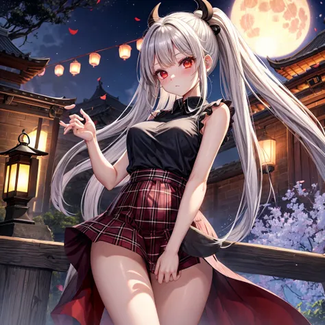 Black blonde、red eyes、one good looking girl、独奏、animesque、lightly dressed、Plaid miniskirt、burning blue petals、wetting hair、poneyTail、Black T-shirt、large tree、云、fullmoon、monster castle、lantern、Gates of Hell、Gatekeeper