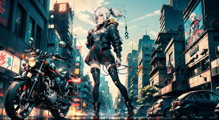 cyberpunked、girl with、mechanic、comical、Anime style、white  hair、motor bikes、Rider Jacket、punk coloring、sity、nightcity、A woman whose body was turned into a machine、group