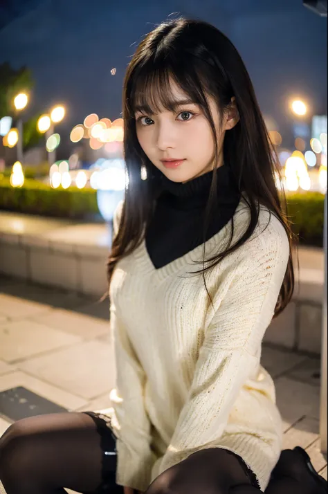 ulzzang -6500-v1.1, (Raw photo:1.2), (Photorealsitic), a beautiful detailed girl, (Real: 1.4), extremely detailed eye and face, ((eye winter sweater、Super realistic black tights))、((Illumination plaza at night:1.2)), selfee, Instagram、game_nffsw, huge file...