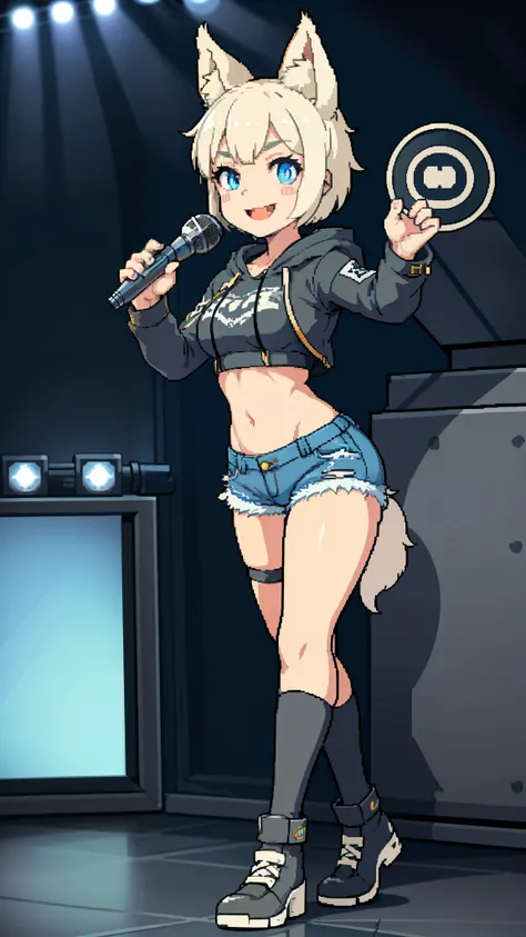 Masterpiece, wide smile, wolf girl with short white hair, punk hair style, half shaved hair style, (happy face expression:1.5), ((has wolf ears)), ((had wolf tail)), action pose, wearing denim short shorts and a cropped black hoodie, (Sings rock song into ...