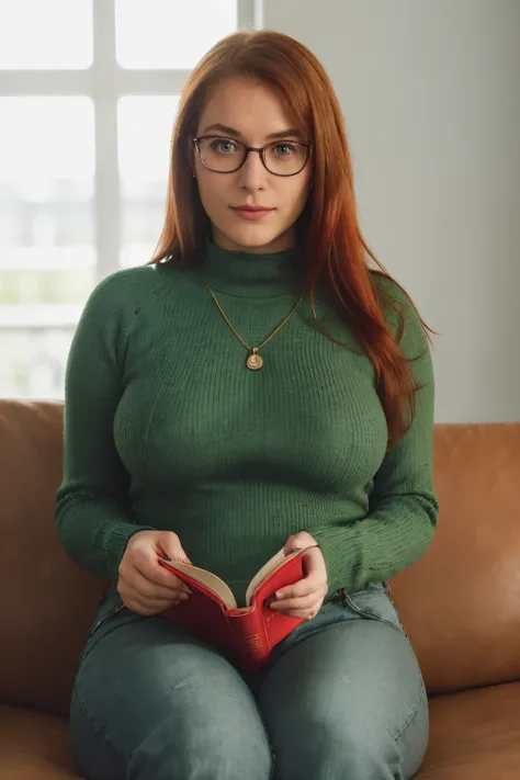 ((Auf der Couch, A very cute young woman with glasses wears a very tight sweater.) ((She wears tight jeans.) 40 Tsd., Fotografie, Meisterwerk, best quality, ((1 girl with green bichromatic eyes and gorgeous sidecut red hair, she wears glasses on a beautifu...