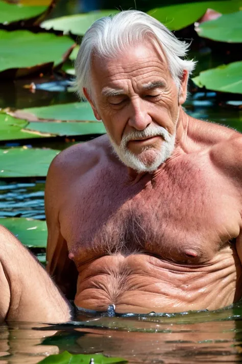 An elder with a long beard and white hair, with a serene face wrinkles, looking producing, body older weak, skinny bones hairy, body naked, his shirt was open to reveal his stomach wrinkles older hairy weak and chest, arms legs neck hands feet skinny old a...