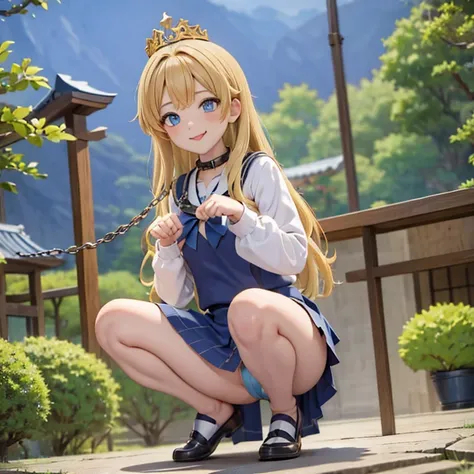 beautiful long blonde　blue eyes　small tit　Metal collar　chain leash　eager pet pose　Garden at night　Not wearing pants　Stick out your tongue　Happy face　Gold tiara　校服　bare-legged