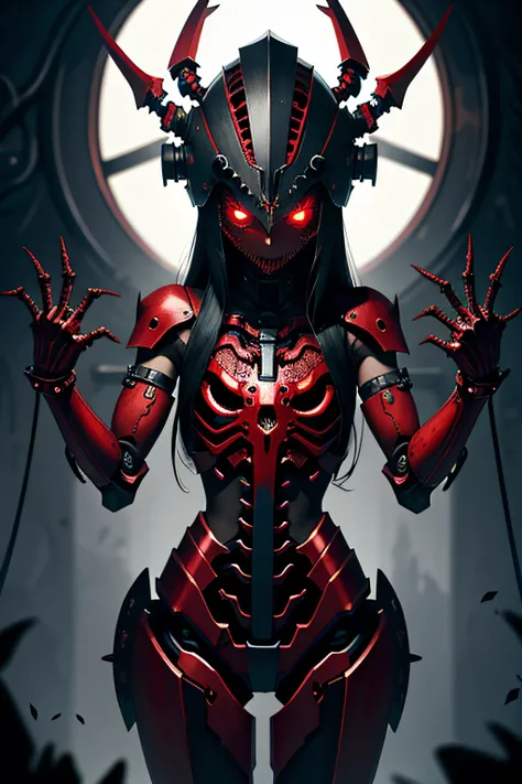 Masterpiece, Dark art, gloomy demon girl, ((red skin)), steel biomechanical arms, steel biomechanical helmet, hands together, closed clothing, perfect anatomy