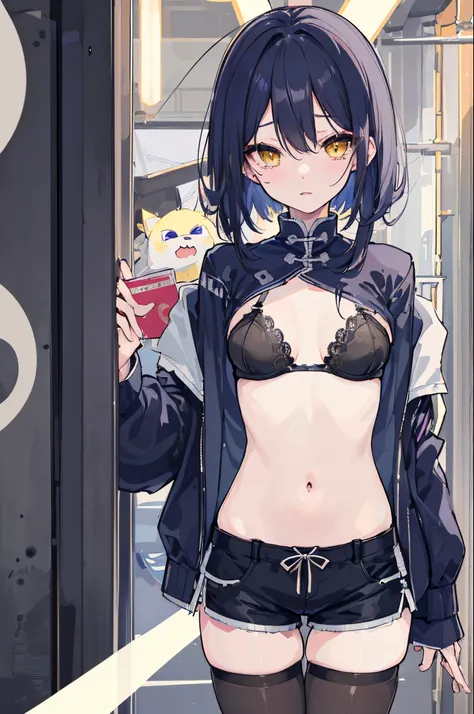 女の子1人、Black bra、Black panties、bura、breastsout、Head-out-of-frame、Blue Jacket、Ren Hao、lace-trim、Long、mideum breasts、Mole on the chest、a navel、Open clothes、shorts、shorts、pantyhose、police officers、Police uniform、shortsleeves、独奏、undergarment _youtuber、Yellow Ey...