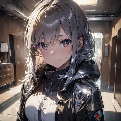 ((best quality, 8k, masterpiece, cinematic:1.5)), (atmospheric), (brilliant morning atmosphere), (from above), 1lady, slender, (shaggy hair), grinning, (lots of chrome color tactical jacket:1.4), looking up, more_details:-1, more_details:0, more_details:0....