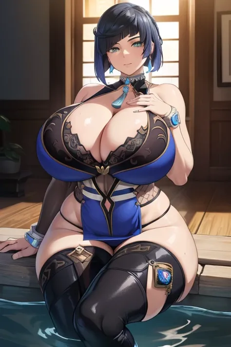 house with steampunk aesthetics ((highly detailed)), genshin impact, ((yelan)) ，dynamic pose, ((fit female)) ,big chest, super perfct body curve, masterpiece detailed, perfect face, (24 years old)  language, fit figure,  gorgeous perfect face, realistic st...