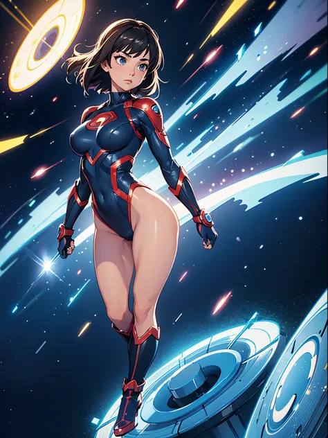 1girl, superhero, mature woman, leotard, bare legs, boots, gloves, medium breasts, beautiful detailed eyes, glowing body, light surrounding her body, light particles, space backdrop, floating, cowboy shot, full body shot, superpower, perfect anatomy.