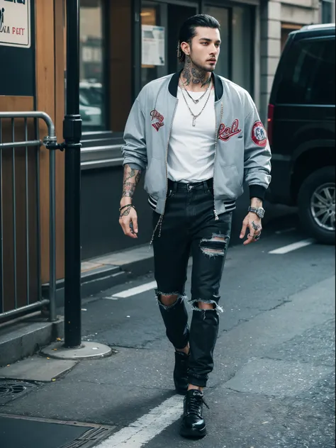 male, 30 years old, slick back, baseball jacket, torn trousers, rings, bracelet, necklace, piercing, full body tattoos, street