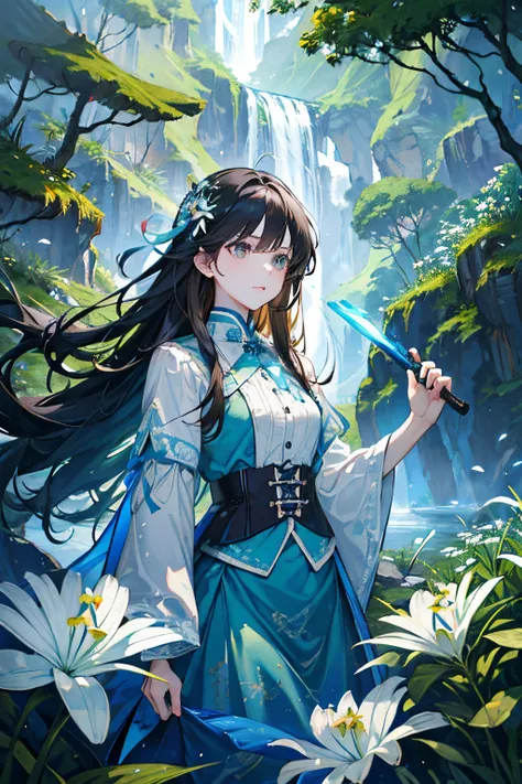 High mountain slope, rushing waterfall, small cave hidden by water, green grass, daisies and white lilies, girl in a blue flying dress, brown long hair, amber eyes, skinny waist, light skin, Adult girl, brown eye, Long Dress, corset, Sword on the belt