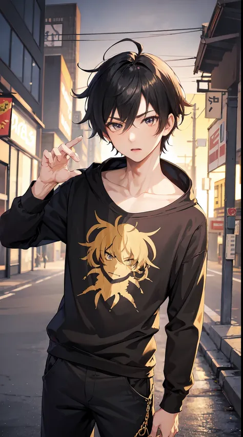 1boy, anime style, fit body, Anime boy wearing T-shirt cover up with Hoodies, long pants, messy short spiky gold hair, black eyes colour, pose picture of handsome pose, straight on street of towers, anime art wallpaper, detailed, 8k, high quality