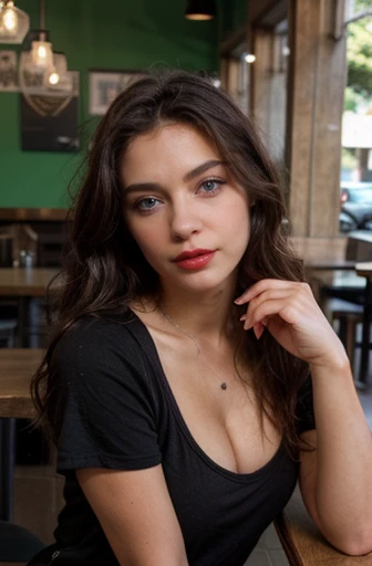 photo of beautiful 18 y.o Instagram model, brunette hair, black sleeve less top, hazel eyes, detailed eyes, tanned skin, looking seductive, with an air of superiority, sitting in coffee shop, cleavage,