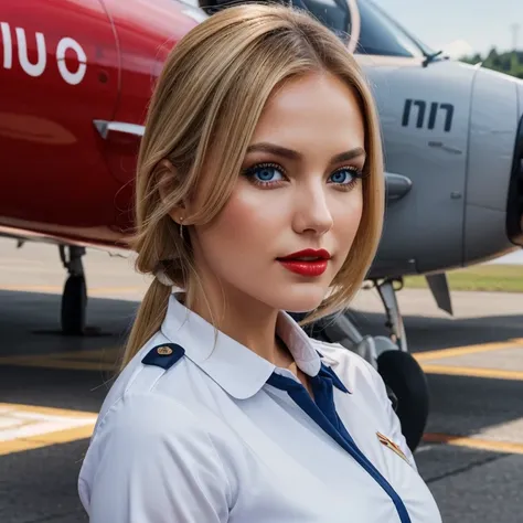 Generate an AI prompt that depicts a stewardess in a full uniform with a plane in the background. Fit blonde, perfect body, AIbeka, cherry red lipstick, 64k, makeup, full body, top-quality, hightquality, Extreme Detail Photography, Eye for extreme detail, ...