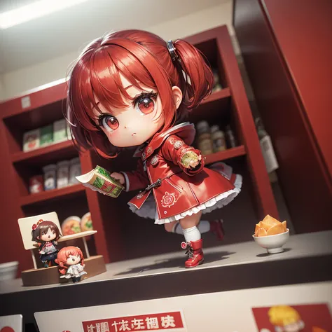 ​masterpiece、top-quality、ultra-detailliert、(Chibi Charas Daughter:1.2)、red stainless steel collar coat、Chinese cabbage:1.3)、supermarket、shopping、food shelf、