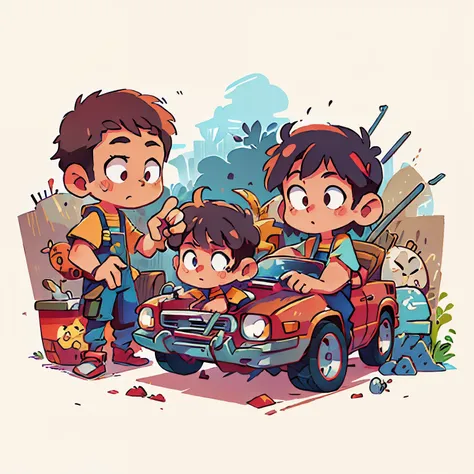 kid hand as a mechanic and holding tools, fixing car engine, for video thumbnail