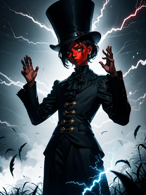 Masterpiece, Dark art, gloomy demon girl, ((red skin)), tall victorian hat, piercing, (Hands raised), long clothes, long sleeves, ball lightning, electric fog, perfect anatomy, (station)